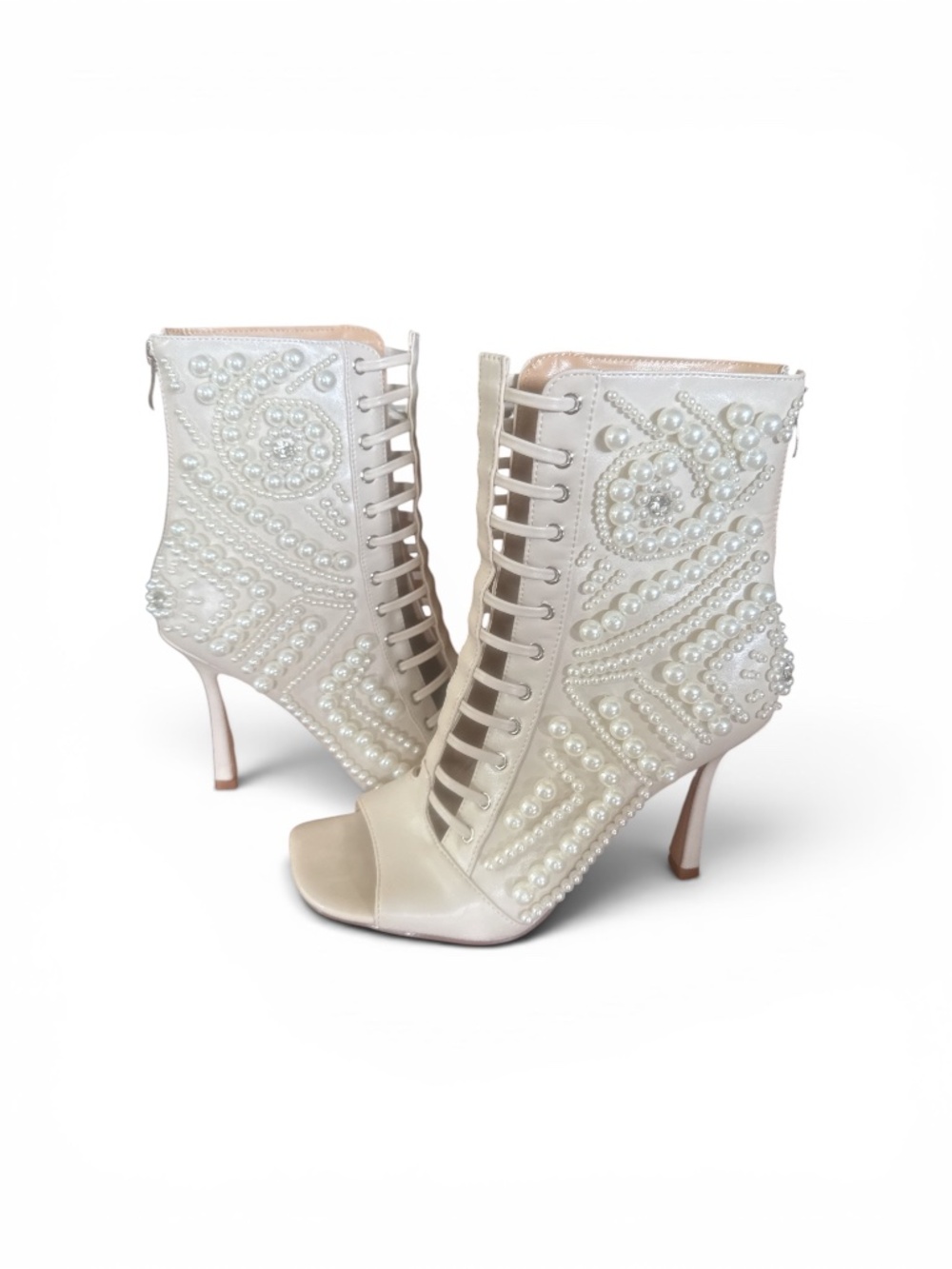 NEW Azalea Wang Pearl Embellished Lace-Up Heeled Booties